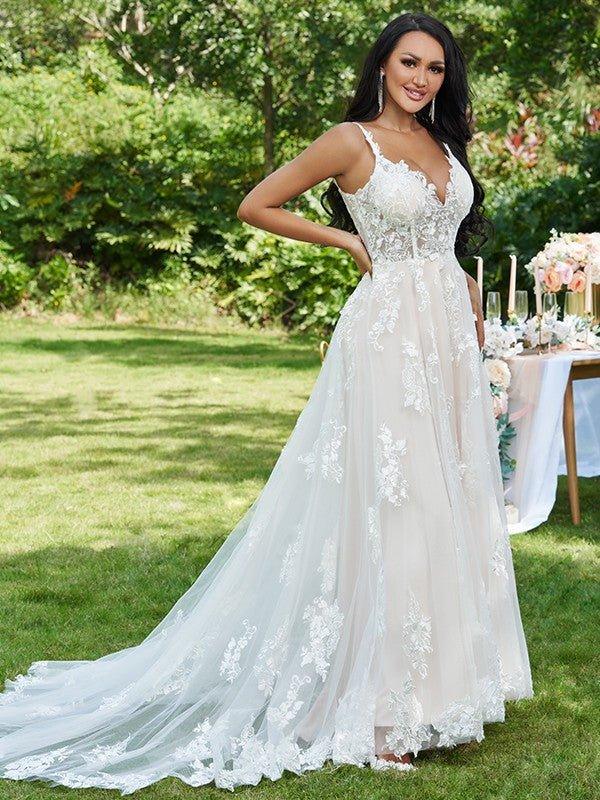 NumberSea - A - Line/Princess Lace Applique V - neck Sleeveless Sweep/Brush Train Wedding Dresses