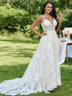NumberSea - A - Line/Princess Lace Applique V - neck Sleeveless Sweep/Brush Train Wedding Dresses