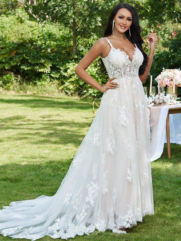 NumberSea - A - Line/Princess Lace Applique V - neck Sleeveless Sweep/Brush Train Wedding Dresses
