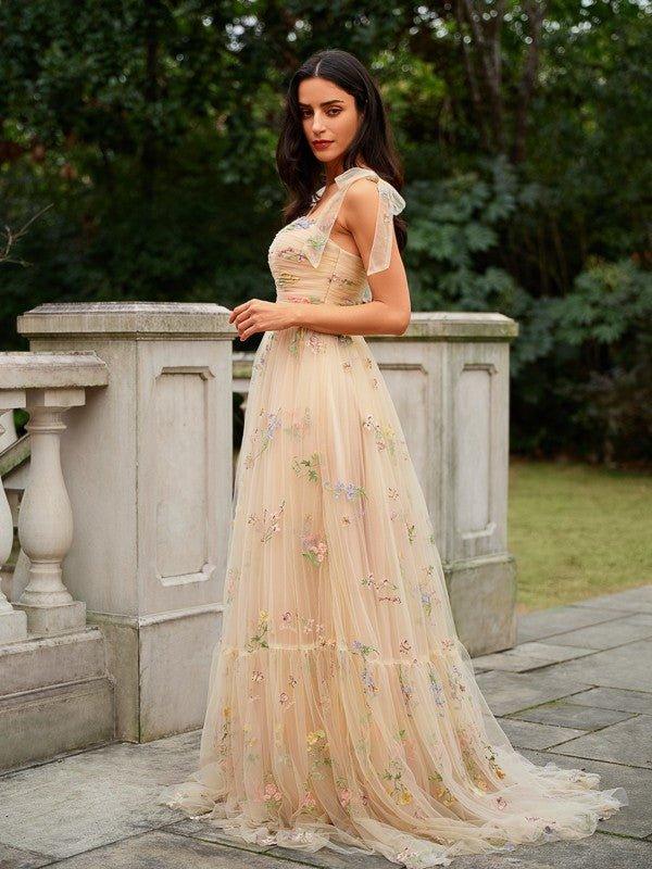 NumberSea - A - Line/Princess Lace Ruffles Straps Sleeveless Sweep/Brush Train Dresses