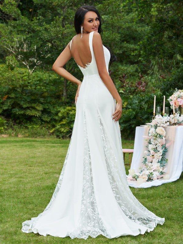NumberSea - A - Line/Princess Lace Ruffles Straps Sleeveless Sweep/Brush Train Wedding Dresses