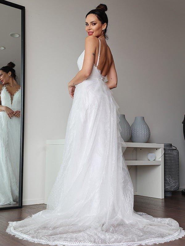 NumberSea - A - Line/Princess Lace Ruffles V - neck Sleeveless Sweep/Brush Train Wedding Dresses