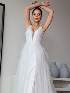 NumberSea - A - Line/Princess Lace Ruffles V - neck Sleeveless Sweep/Brush Train Wedding Dresses