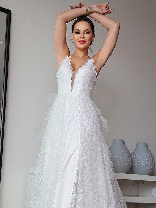 NumberSea - A - Line/Princess Lace Ruffles V - neck Sleeveless Sweep/Brush Train Wedding Dresses