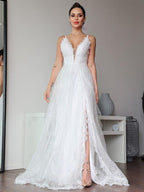NumberSea - A - Line/Princess Lace Ruffles V - neck Sleeveless Sweep/Brush Train Wedding Dresses
