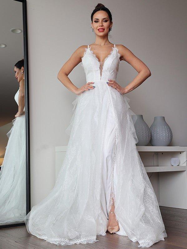 NumberSea - A - Line/Princess Lace Ruffles V - neck Sleeveless Sweep/Brush Train Wedding Dresses