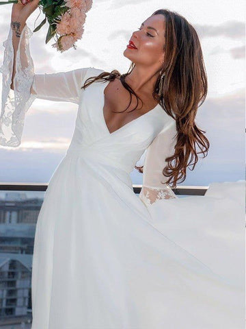 NumberSea - A - Line/Princess Lace V - neck Long Sleeves Sash/Ribbon/Belt Sweep/Brush Train Wedding Dresses