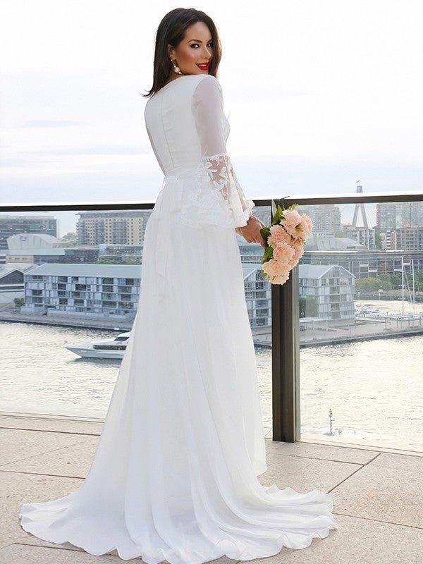 NumberSea - A - Line/Princess Lace V - neck Long Sleeves Sash/Ribbon/Belt Sweep/Brush Train Wedding Dresses