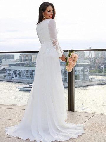 NumberSea - A - Line/Princess Lace V - neck Long Sleeves Sash/Ribbon/Belt Sweep/Brush Train Wedding Dresses