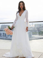 NumberSea - A - Line/Princess Lace V - neck Long Sleeves Sash/Ribbon/Belt Sweep/Brush Train Wedding Dresses