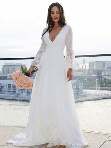 NumberSea - A - Line/Princess Lace V - neck Long Sleeves Sash/Ribbon/Belt Sweep/Brush Train Wedding Dresses