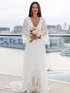 NumberSea - A - Line/Princess Lace V - neck Long Sleeves Sash/Ribbon/Belt Sweep/Brush Train Wedding Dresses