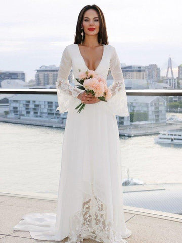 NumberSea - A - Line/Princess Lace V - neck Long Sleeves Sash/Ribbon/Belt Sweep/Brush Train Wedding Dresses