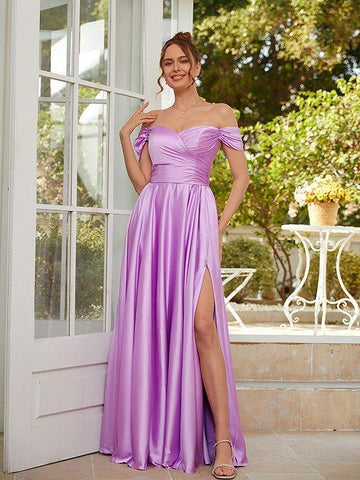 NumberSea - A - Line/Princess NS Elastic Woven Satin Ruched Off - the - Shoulder Sleeveless Floor - Length Dresses