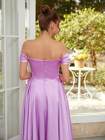 NumberSea - A - Line/Princess NS Elastic Woven Satin Ruched Off - the - Shoulder Sleeveless Floor - Length Dresses