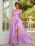 NumberSea - A - Line/Princess NS Elastic Woven Satin Ruched Off - the - Shoulder Sleeveless Floor - Length Dresses