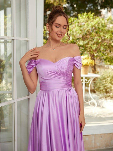 NumberSea - A - Line/Princess NS Elastic Woven Satin Ruched Off - the - Shoulder Sleeveless Floor - Length Dresses