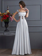 NumberSea - A - Line/Princess Off the Shoulder Sleeveless Pleats Long Elastic Woven Satin Dresses