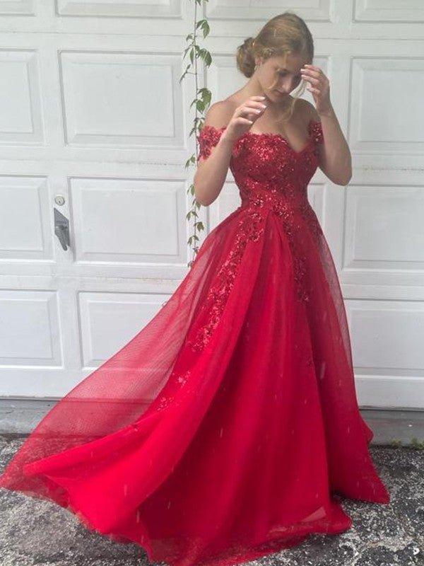 NumberSea - A - Line/Princess Off - the - Shoulder Tulle Applique Sleeveless Floor - Length Dresses