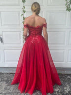 NumberSea - A - Line/Princess Off - the - Shoulder Tulle Applique Sleeveless Floor - Length Dresses