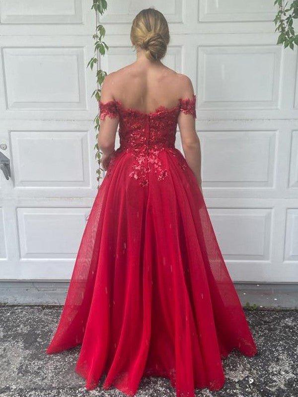 NumberSea - A - Line/Princess Off - the - Shoulder Tulle Applique Sleeveless Floor - Length Dresses