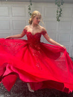 NumberSea - A - Line/Princess Off - the - Shoulder Tulle Applique Sleeveless Floor - Length Dresses
