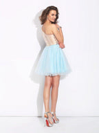 NumberSea - A - Line/Princess One - Shoulder Beading Long Sleeves Short Elastic Woven Satin Dresses