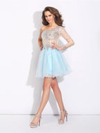 NumberSea - A - Line/Princess One - Shoulder Beading Long Sleeves Short Elastic Woven Satin Dresses