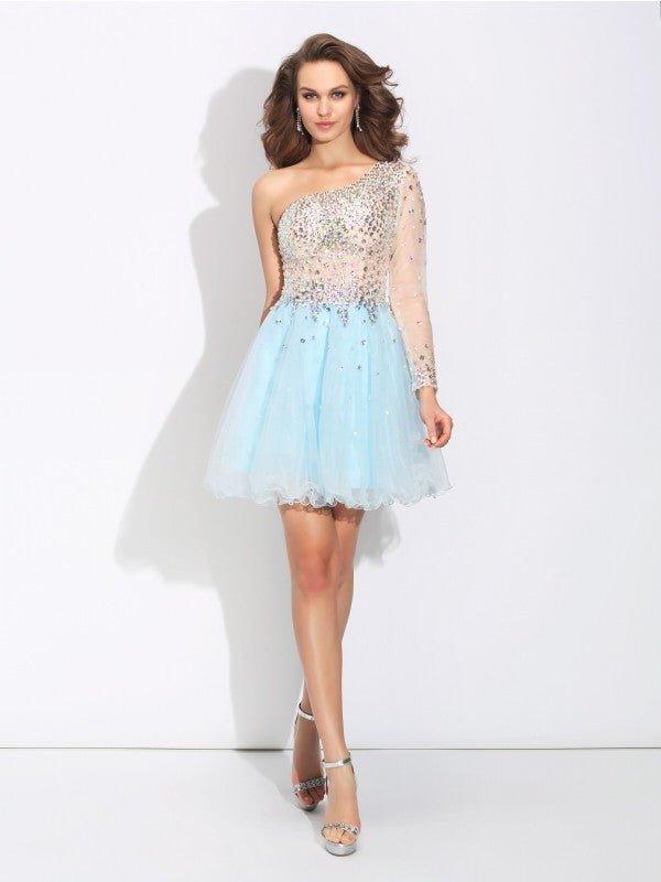 NumberSea - A - Line/Princess One - Shoulder Beading Long Sleeves Short Elastic Woven Satin Dresses