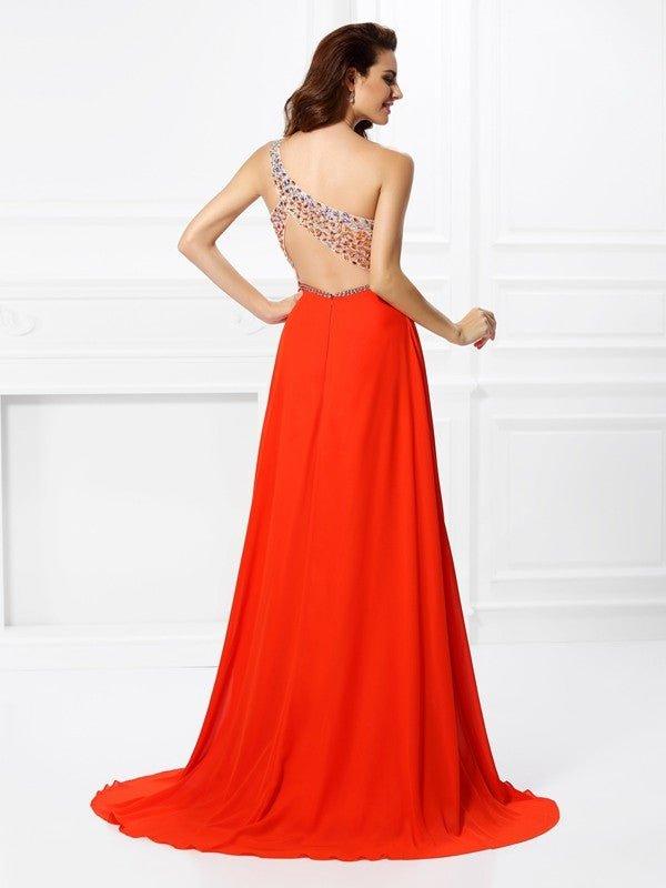 NumberSea - A - Line/Princess One - Shoulder Beading Sleeveless Long Chiffon Dresses