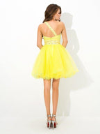 NumberSea - A - Line/Princess One - Shoulder Beading Sleeveless Short Net Cocktail Dresses