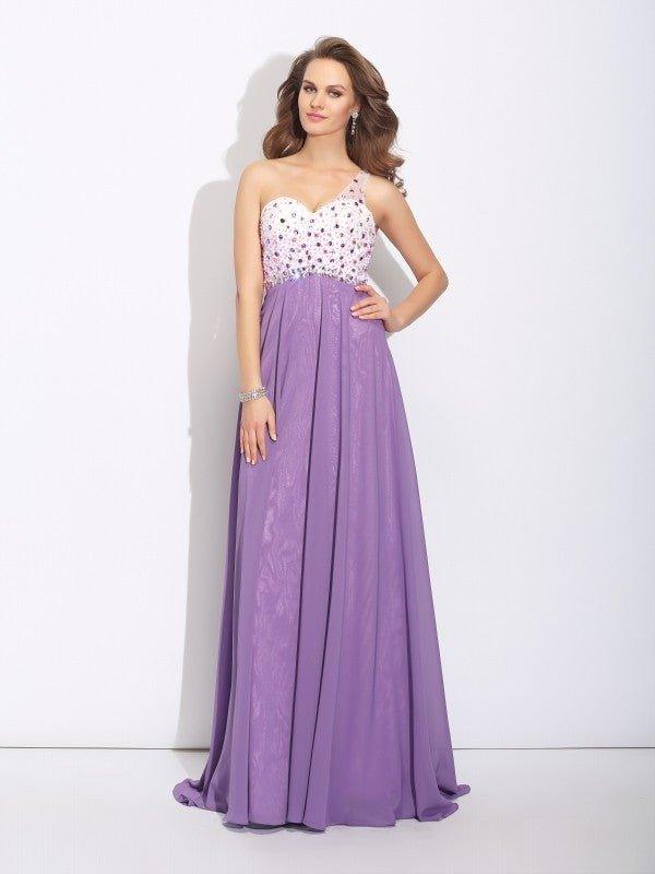 NumberSea - A - Line/Princess One - Shoulder Crystal Sleeveless Long Chiffon Dresses