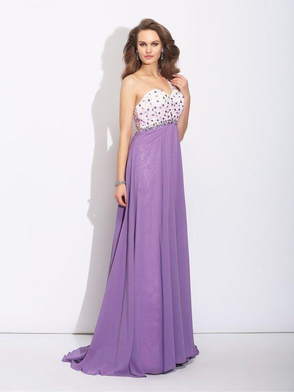 NumberSea - A - Line/Princess One - Shoulder Crystal Sleeveless Long Chiffon Dresses