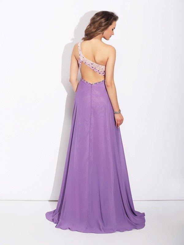 NumberSea - A - Line/Princess One - Shoulder Crystal Sleeveless Long Chiffon Dresses