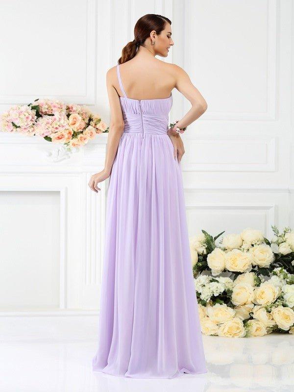 NumberSea - A - Line/Princess One - Shoulder Pleats Hand - Made Flower Sleeveless Long Chiffon Bridesmaid Dresses