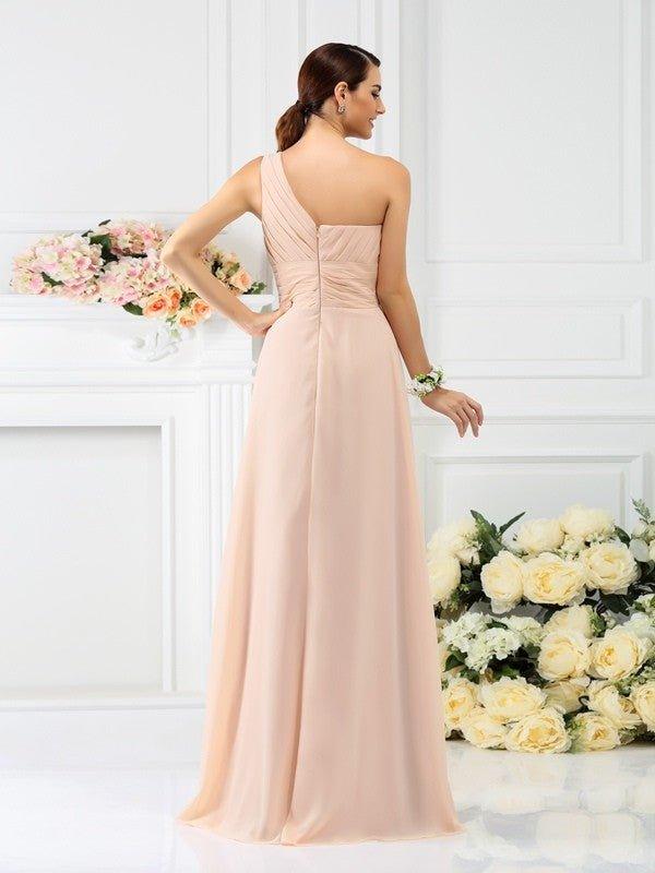 NumberSea - A - Line/Princess One - Shoulder Pleats Sleeveless Long Chiffon Bridesmaid Dresses