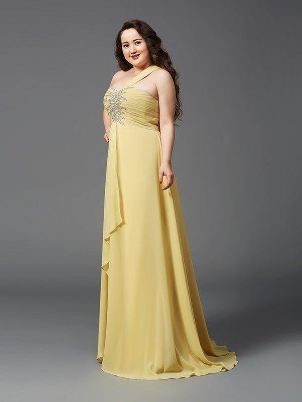 NumberSea - A - Line/Princess One - Shoulder Rhinestone Sleeveless Long Chiffon Plus Size Dresses