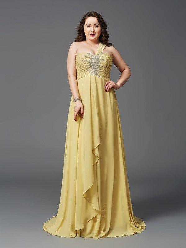 NumberSea - A - Line/Princess One - Shoulder Rhinestone Sleeveless Long Chiffon Plus Size Dresses