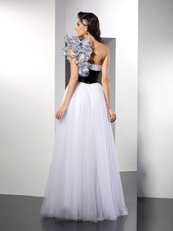 NumberSea - A - Line/Princess One - Shoulder Sash/Ribbon/Belt Sleeveless Long Net Dresses