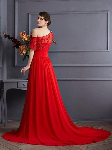 NumberSea - A - Line/Princess One - Shoulder Sleeveless Applique Long Chiffon Dresses