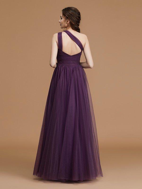 NumberSea - A - Line/Princess One - Shoulder Sleeveless Floor - Length Ruched Tulle Bridesmaid Dresses