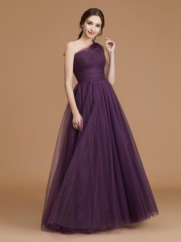 NumberSea - A - Line/Princess One - Shoulder Sleeveless Floor - Length Ruched Tulle Bridesmaid Dresses