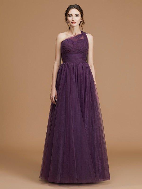 NumberSea - A - Line/Princess One - Shoulder Sleeveless Floor - Length Ruched Tulle Bridesmaid Dresses