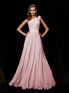 NumberSea - A - Line/Princess One - Shoulder Sleeveless Hand - Made Flower Long Chiffon Bridesmaid Dresses