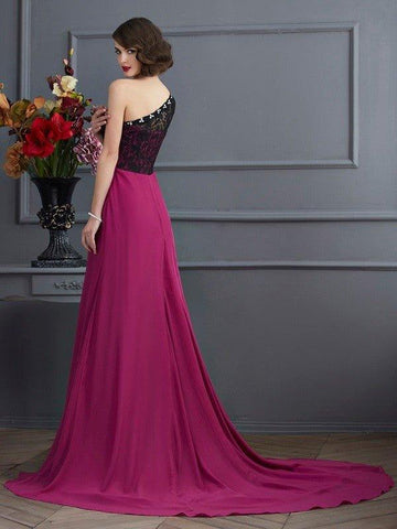 NumberSea - A - Line/Princess One - Shoulder Sleeveless Lace Long Chiffon Dresses