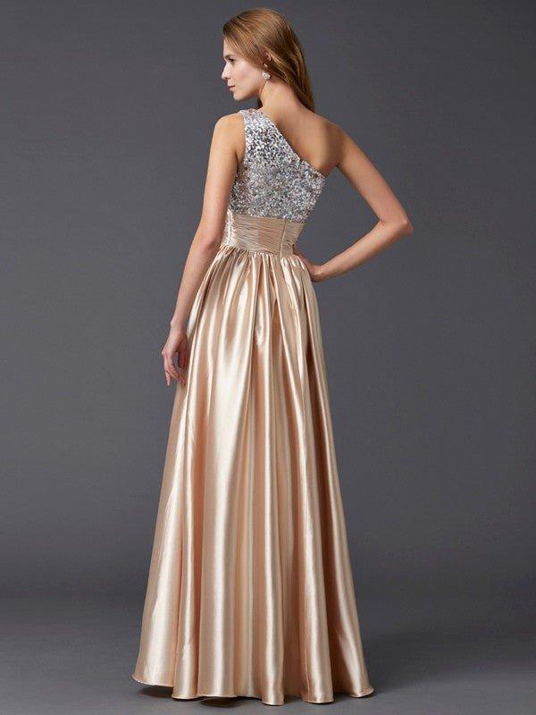 NumberSea - A - Line/Princess One - Shoulder Sleeveless Paillette Long Elastic Woven Satin Dresses