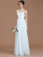 NumberSea - A - Line/Princess One - Shoulder Sleeveless Ruched Floor - Length Chiffon Bridesmaid Dresses