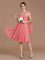 NumberSea - A - Line/Princess One - Shoulder Sleeveless Ruched Short/Mini Chiffon Bridesmaid Dresses