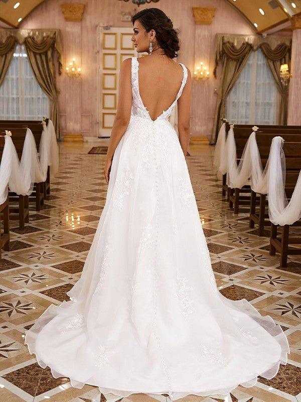 NumberSea - A - Line/Princess Organza Applique V - neck Sleeveless Sweep/Brush Train Wedding Dresses