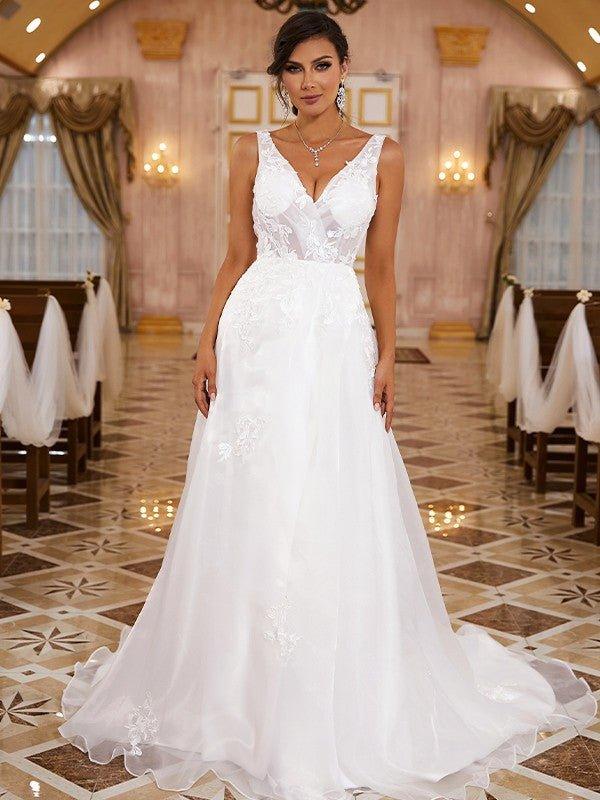 NumberSea - A - Line/Princess Organza Applique V - neck Sleeveless Sweep/Brush Train Wedding Dresses